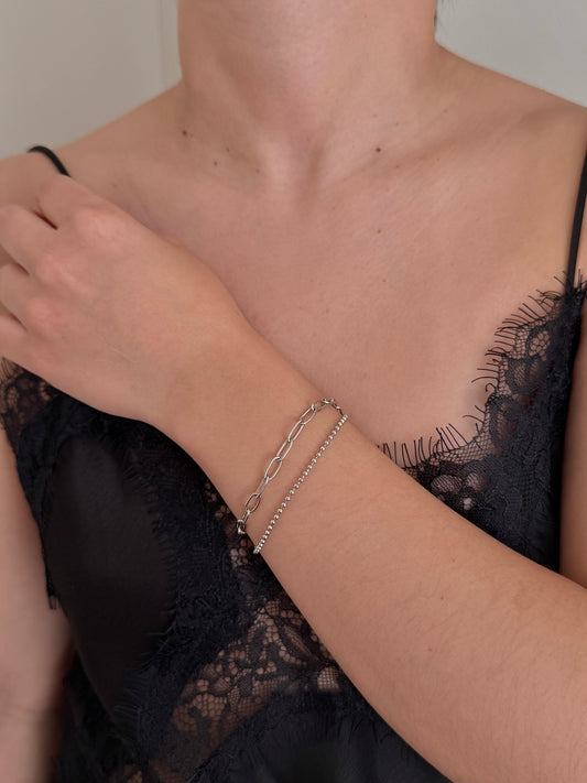 Pulsera Doble Eslabones con Bolitas Plateada