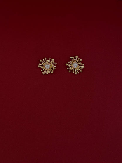 Aretes Flor Orgánica Grande + Perla Dorados