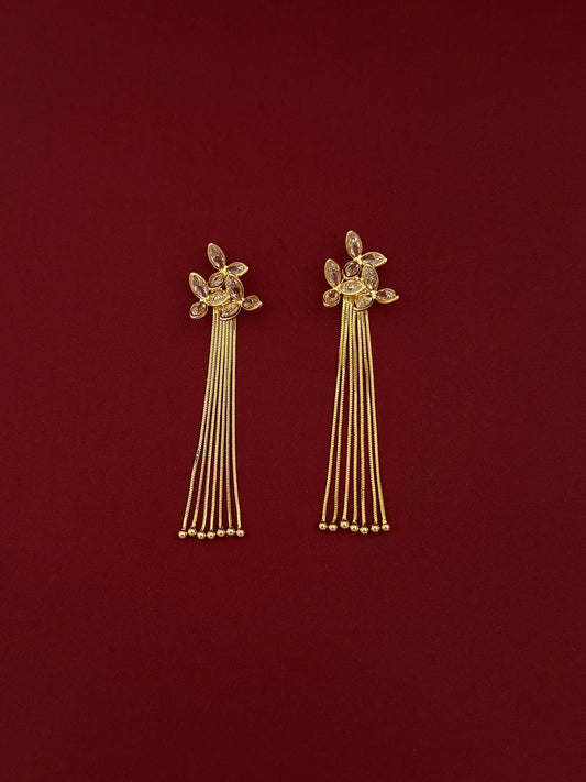 Aretes Largos Flores Zirconia con Liras Lisas Dorados