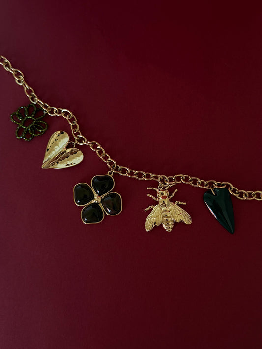 Collar Trébol Verde y Abeja Dorado