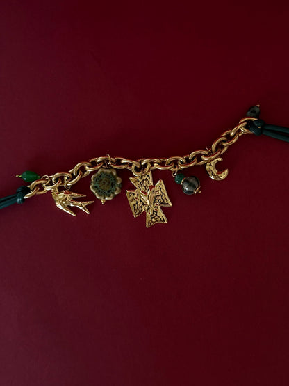 Collar Cuero Verde Cruz Dorada